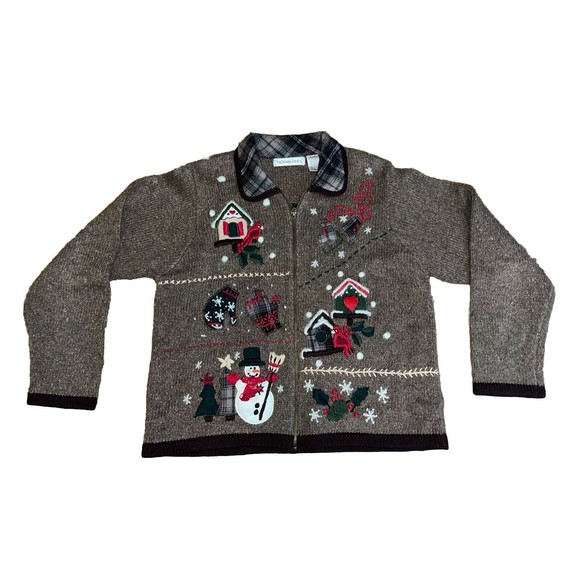 Christmas Sweater Full Zip Cardigan Sz XL Victoria Jones  Snowman Cardinal  Snow - Picture 1 of 4